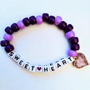 Handmade Purple Sweetheart Glitter Heart Charm Kandi Bracelet